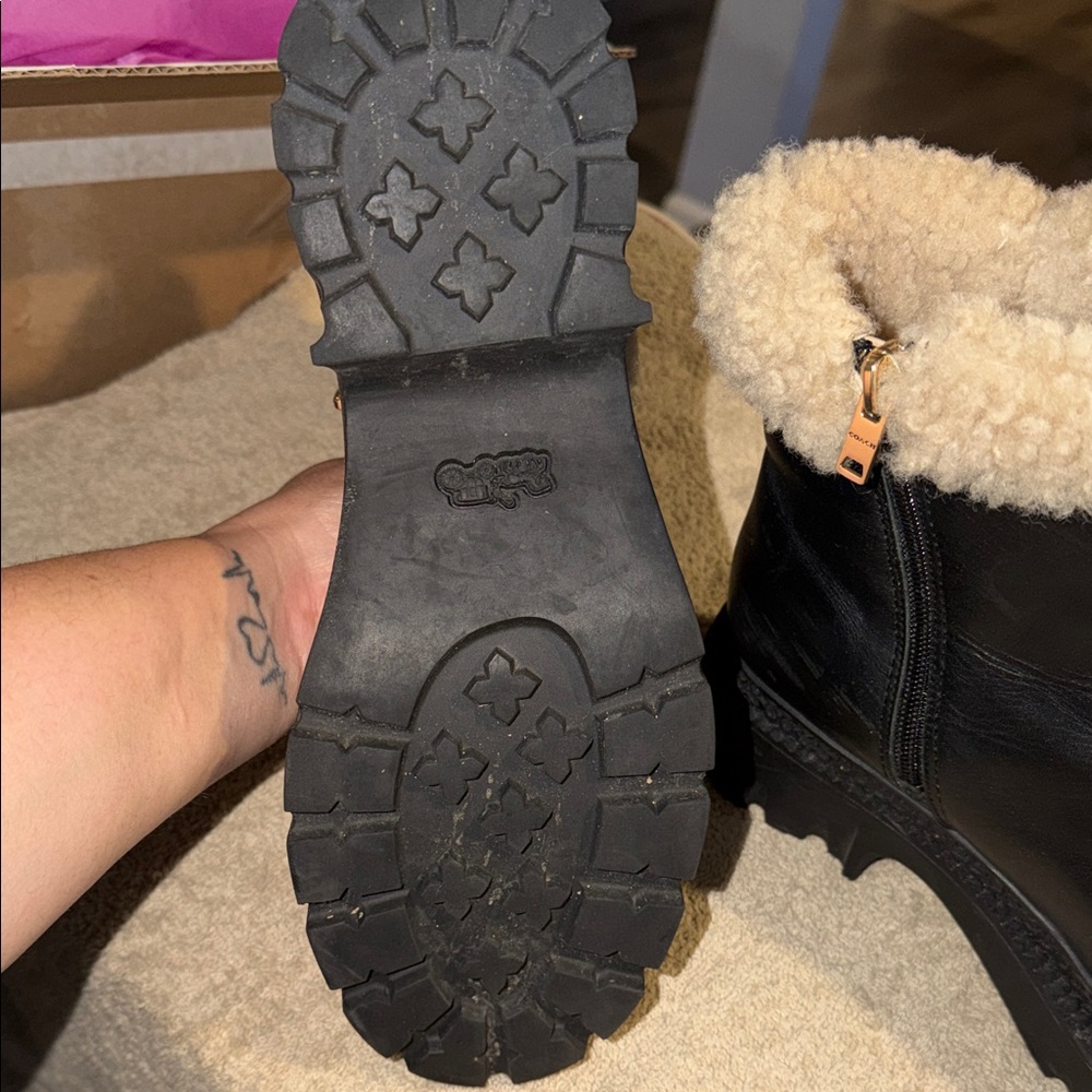 Coach Black Leather Lace-Up Platform Boots with Cream Shearling Trim - Picture 8 of 11